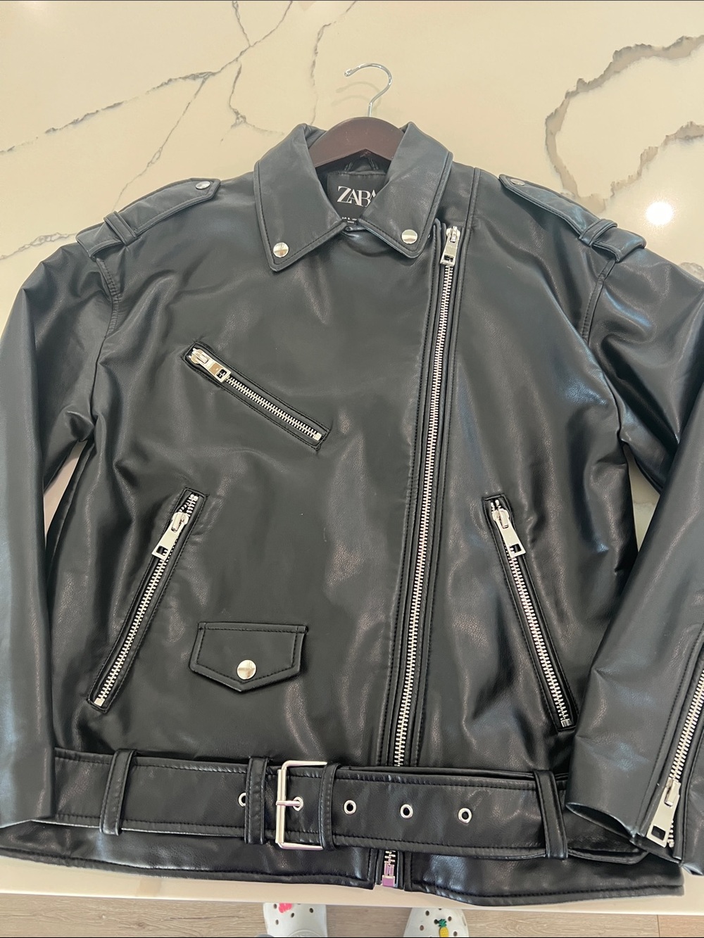 Zara Black Faux Leather Asymmetrical Biker Jacket